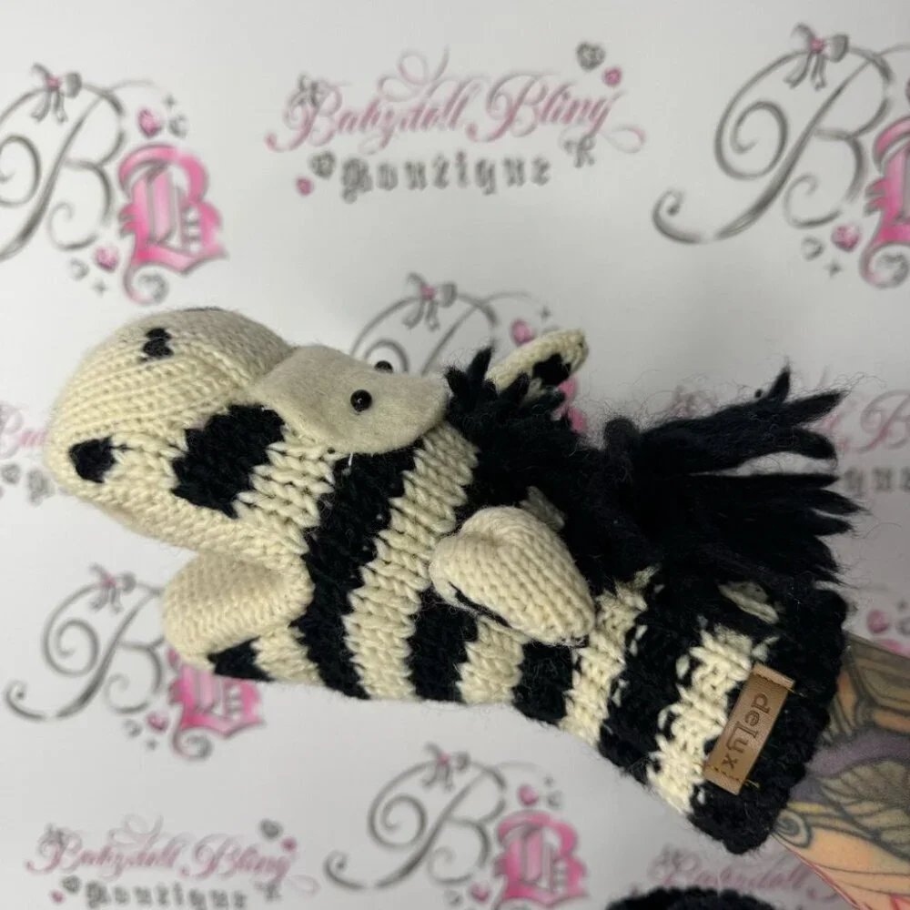 Delux mittens zebra wool thick warm animal puppet style cute winter gloves y2k